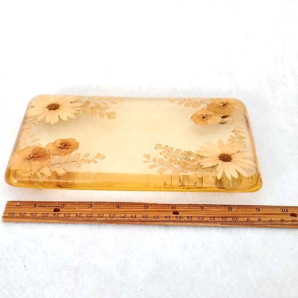 Vintage Yellow Resin Dried Flowers Bathroom Footed Vanity Tray Trinket Display - Picture 6 of 8